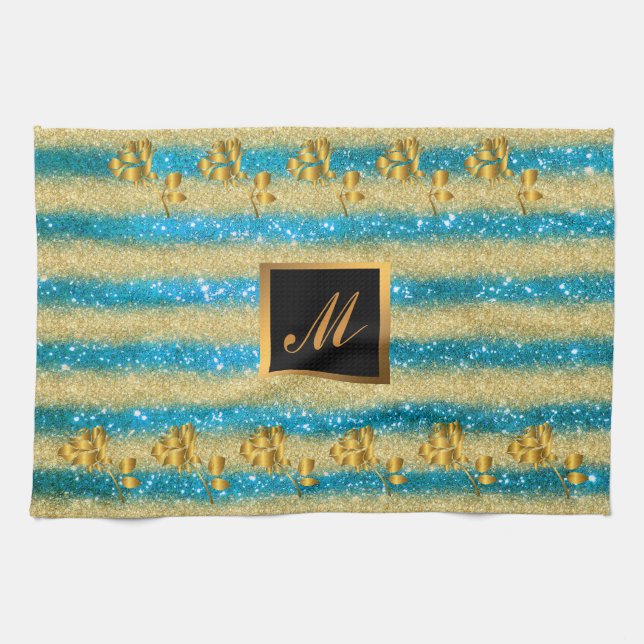 Luxury Gold Glitter Blue Floral Gift Kitchen Towel (Horizontal)