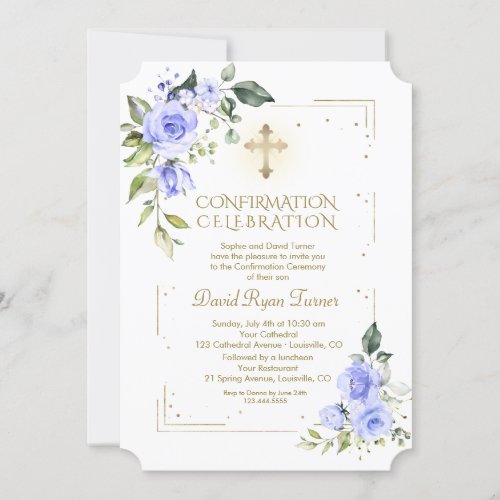 Luxury Gold Glitter Blue Flowers Boy Confirmation Invitation