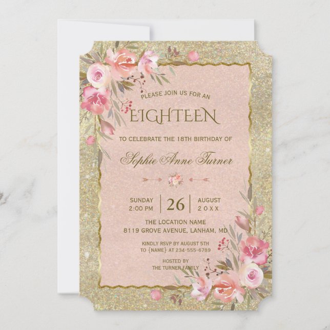 Luxury Gold Glitter Blush Floral 18th Birthday Invitation (Front)