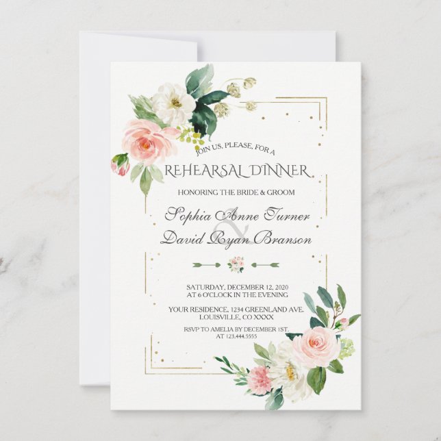 Luxury Gold Glitter Blush Floral Rehearsal Dinner Invitation (Front)