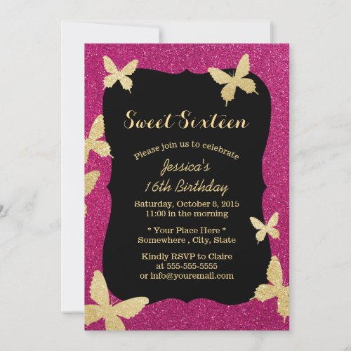 Luxury Gold Glitter Butterflies Sweet 16 5x7 Paper Invitation Card