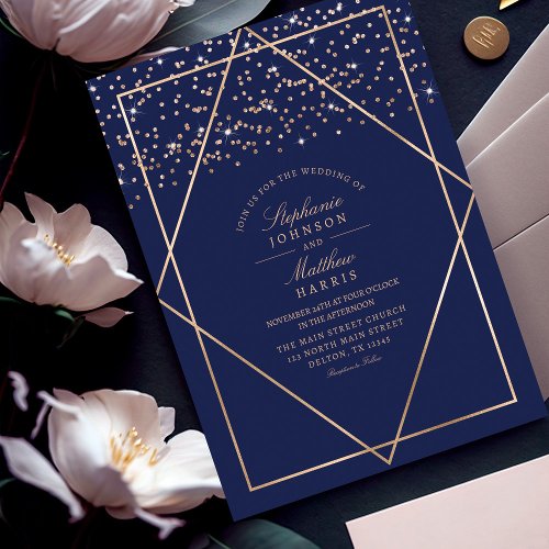 Luxury Gold Glitter Confetti Navy Blue Wedding Invitation