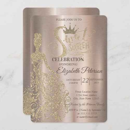 Luxury Gold Glitter DressTiaraDiamonds Sweet 16  Invitation