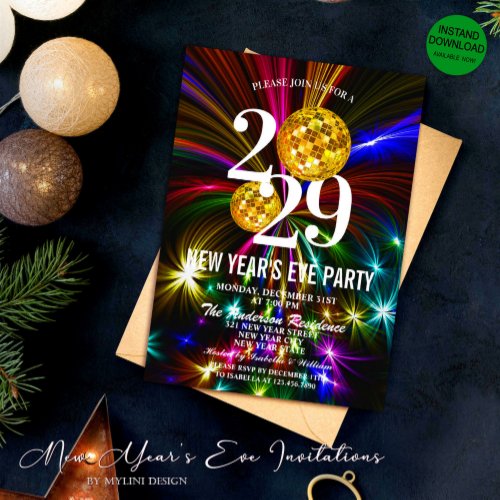 Luxury Gold Glitter Fireworks New Years Eve Party Invitation