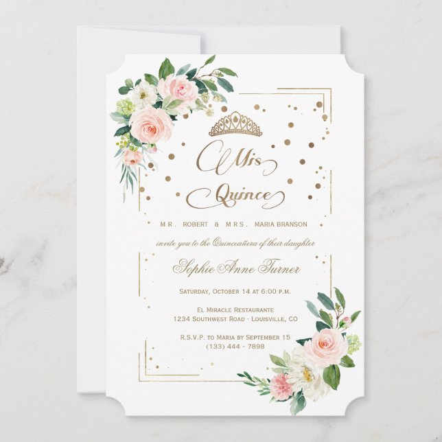 Luxury Gold Glitter Floral Mis Quince Quinceañera Invitation (Front)