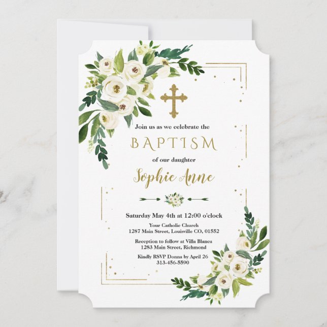Luxury Gold Glitter Frame White Floral Baptism Invitation (Front)