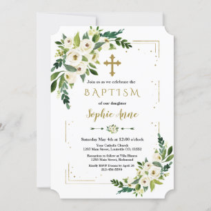 Luxury Gold Glitter Frame White Floral Baptism Invitation