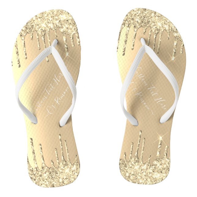 Luxury Gold Glitter Golden Sparkle Drips Your Text Flip Flops (Footbed)