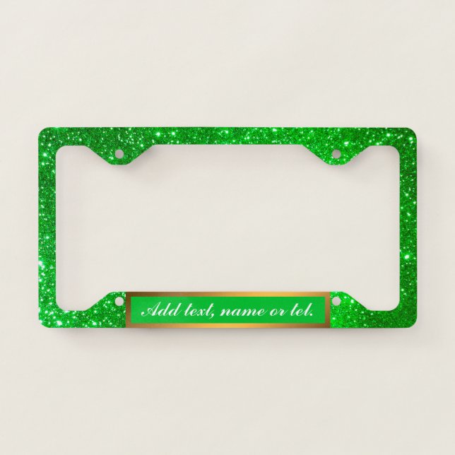 Luxury Gold Glitter Green Add Your Text Modern License Plate Frame (Front)