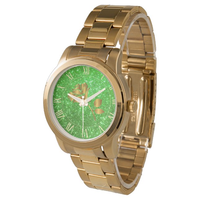 Luxury Gold Glitter Green Floral Gift Watch (Angled)