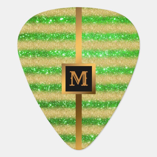 Luxury Gold Glitter Green Monogrammed Gift Guitar Pick (Front)