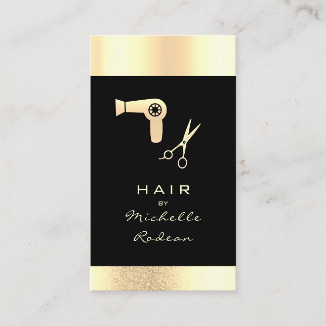 Luxury Gold Glitter Hair Stylist Tools Black Business Card (Front)