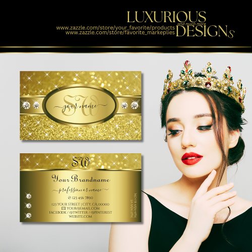 Luxury Gold Glitter Luminous Diamonds Monogram Business Card