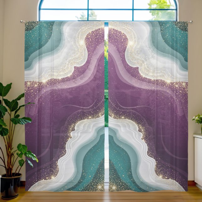 Luxury Gold Glitter Marble Pattern Sheer Curtains (Living Room)