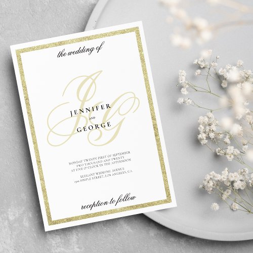 Luxury gold glitter monogram initial white wedding invitation