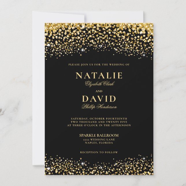 Luxury Gold Glitter on Black Elegant Wedding Invitation (Front)