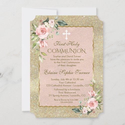 Luxury Gold Glitter Pink Floral First Communion Invitation