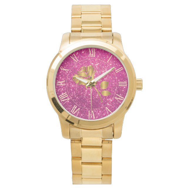 Luxury Gold Glitter Pink Floral Gift Watch (Front)