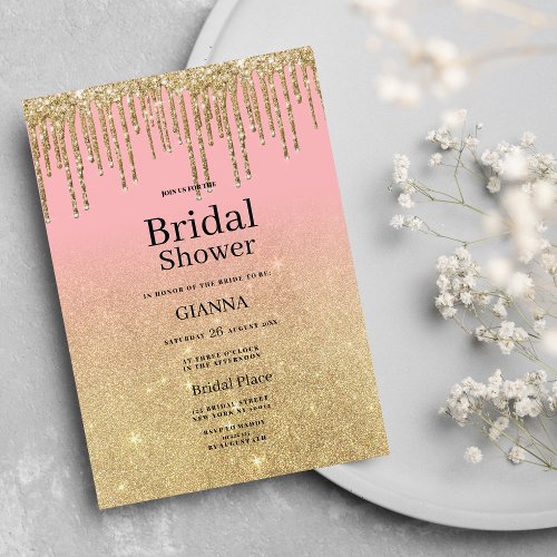 Luxury gold glitter pink ombre drips Bridal Shower Invitation