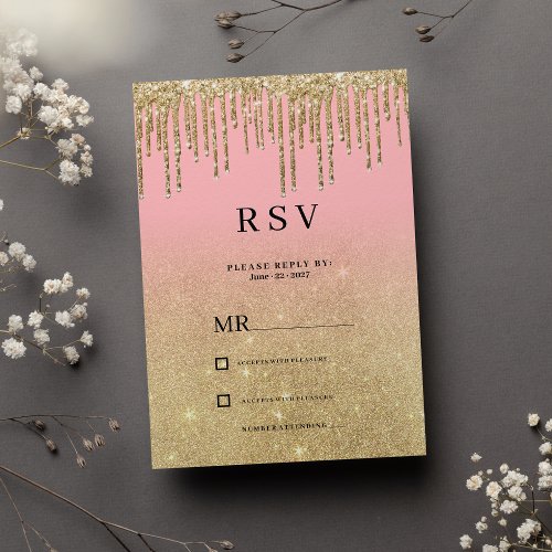 Luxury gold glitter pink ombre drips RSVP  Invitation