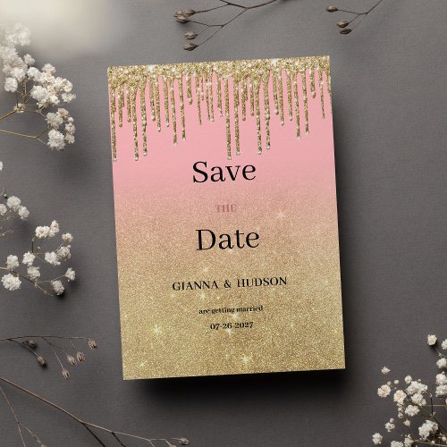 Luxury gold glitter pink ombre drips Save the Date Invitation