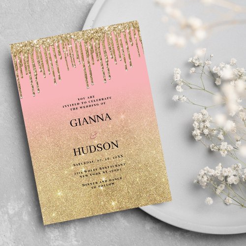 Luxury gold glitter pink ombre drips wedding  invitation