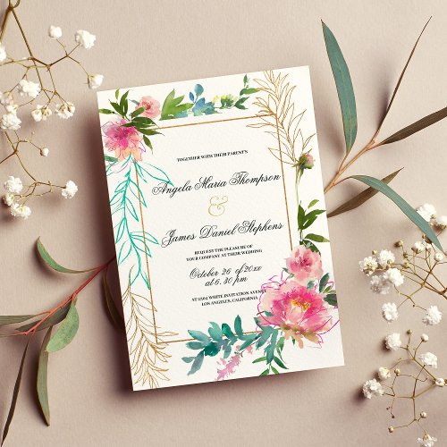 Luxury gold glitter pink teal floral frame wedding invitation