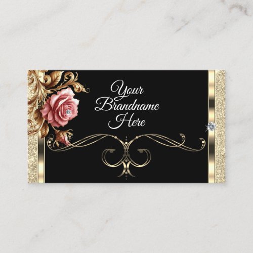 Luxury Gold Glitter Pink Vintage Rose on Black Business Card
