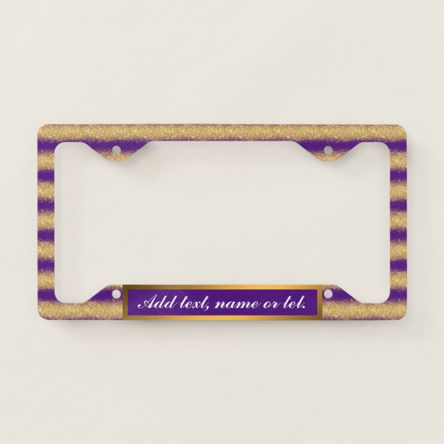 Luxury Gold Glitter Purple Add Your Text Modern License Plate Frame (Front)