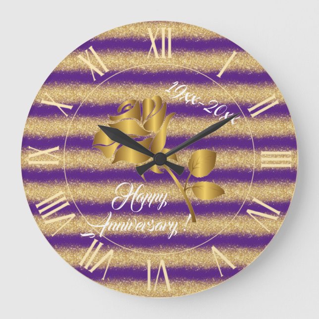 Luxury Gold Glitter Purple Floral Gift Large Clock (Front)