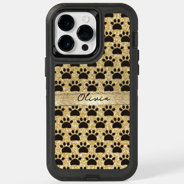Luxury Gold Glitter Seamless Pet Paw Pattern Otterbox iPhone Case (Back)