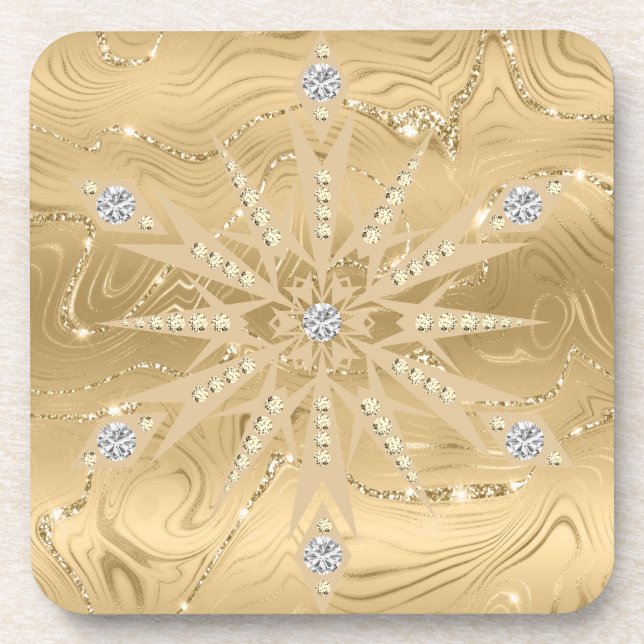 Luxury Gold Glitter Snowflake Diamond Beverage Coaster (Front)