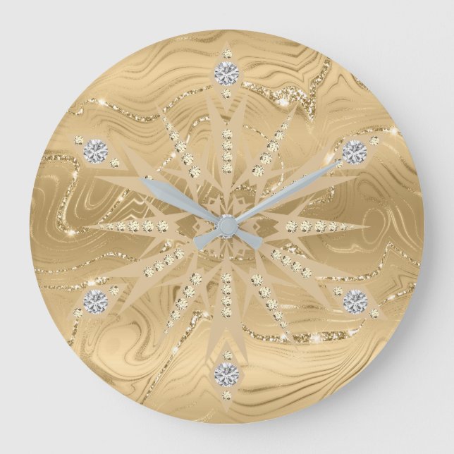 Luxury Gold Glitter Snowflake Diamond Large Clock (Front)
