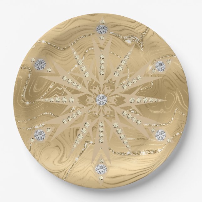 Luxury Gold Glitter Snowflake Diamond Paper Plates (Front)