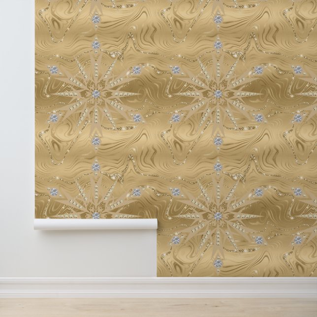 Luxury Gold Glitter Snowflake Diamond Peel & Stick Wallpaper (Application)