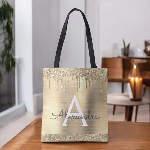 Luxury Gold Glitter Sparkle Elegant Monogram Tote Bag
