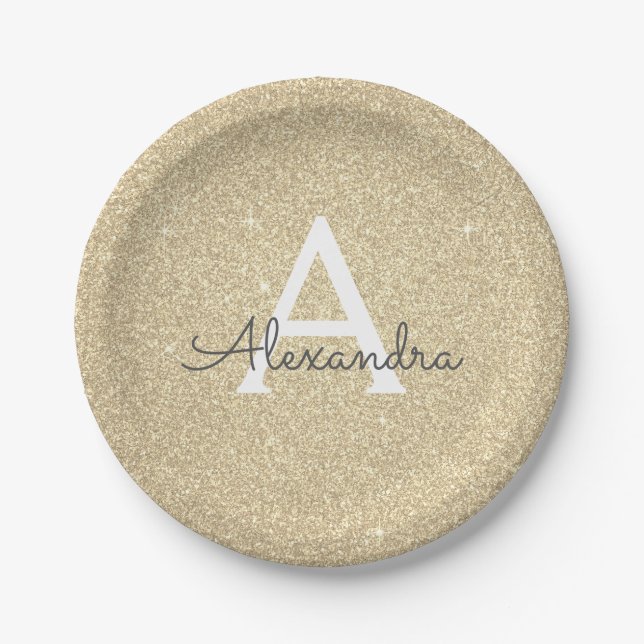 Luxury Gold Glitter & Sparkle Monogram Birthday Paper Plates (Front)