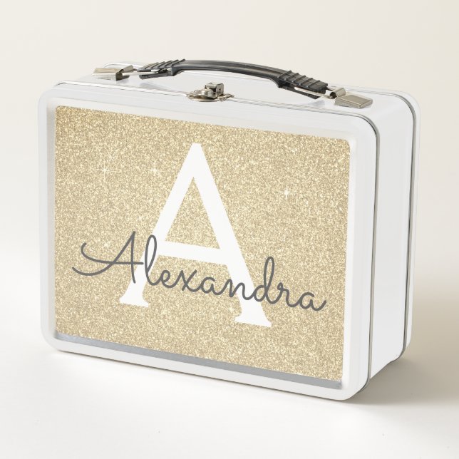 Luxury Gold Glitter & Sparkle Monogram Metal Lunch Box (Front)
