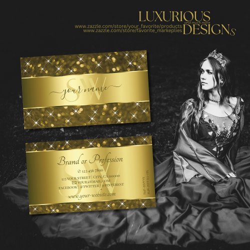 Luxury Gold Glitter Sparkle Stars Initials Classy Business Card
