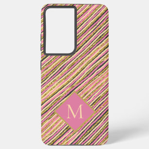 Luxury Gold Glitter Sparkle Stripes Pink Monogram Samsung Galaxy S21+ Case