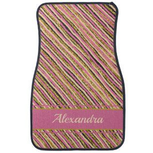 Luxury Gold Glitter Stripes Personalized Pink Car Floor Mat