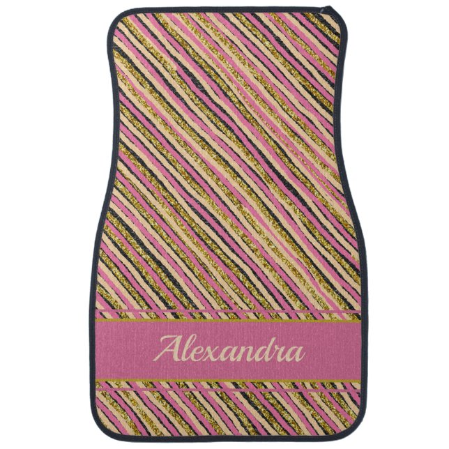 Luxury Gold Glitter Stripes Personalized Pink Car Floor Mat (Front)