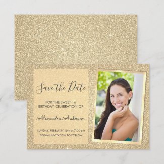 Luxury Gold Glitter Sweet 16 Save the Date Invitation