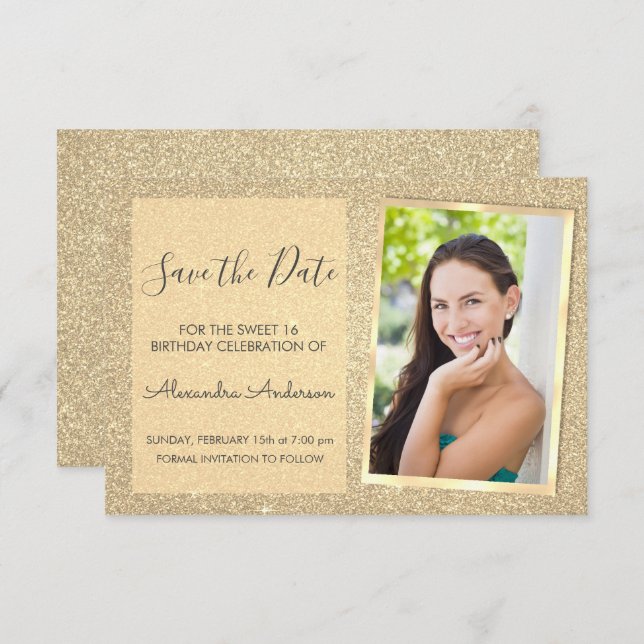 Luxury Gold Glitter Sweet 16 Save the Date Invitation (Front/Back)