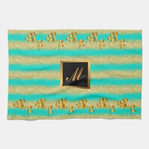 Luxury Gold Glitter Turquoise Floral Gift Kitchen Towel