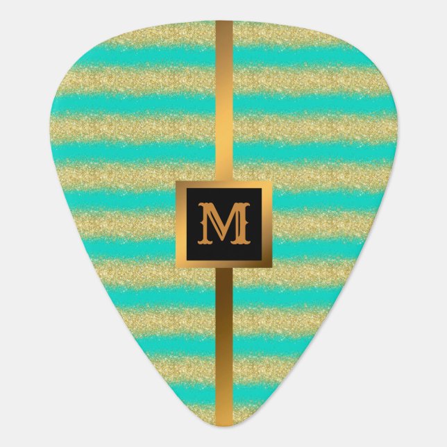 Luxury Gold Glitter Turquoise Monogrammed Gift Guitar Pick (Front)