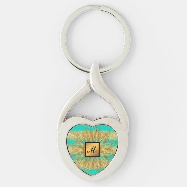 Luxury Gold Glitter Turquoise Monogrammed Gift Keychain (Front)