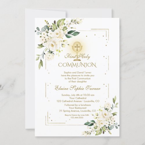 Luxury Gold Glitter White Floral Holy Communion Invitation