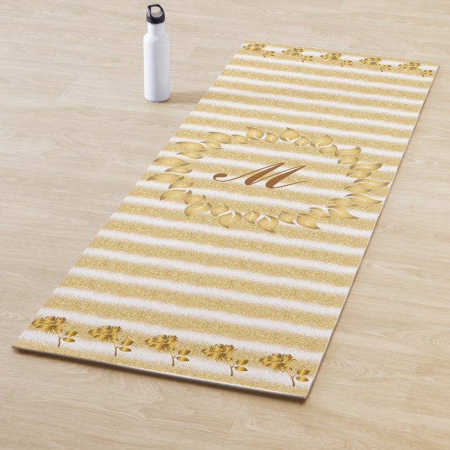 Luxury Gold Glitter White Monogrammed Gift Yoga Mat (In Situ)
