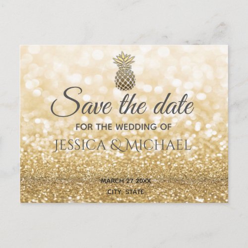 Luxury gold glittery gold pineapple save the date announcement postcard